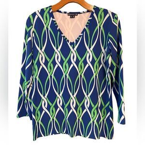 Melly M. Sz M Blue Green Rope Preppy 3/4 Sleeve V-Neck Resort Style Top